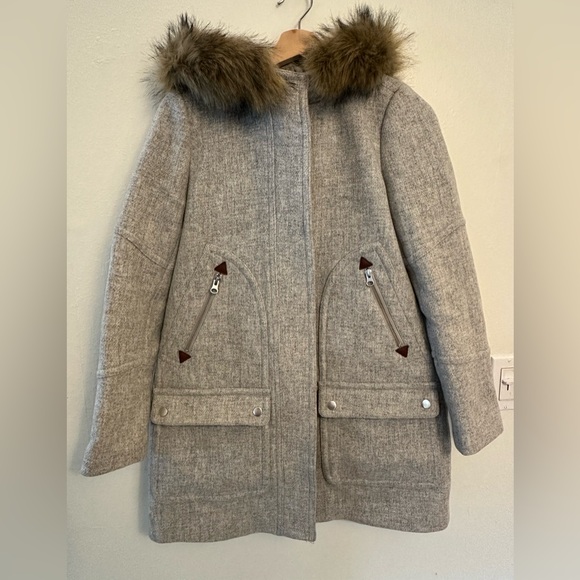 J. Crew Italian Wool Blend Pea Coat faux fur hood size 2 - Picture 1 of 9